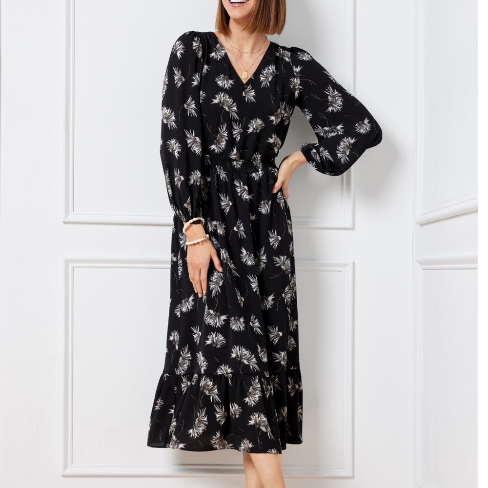 Talbots Womens STRETCH CREPE MIDI DRESS CHRYSANTHEMUM BLOOMS size 12 Black Flowy
